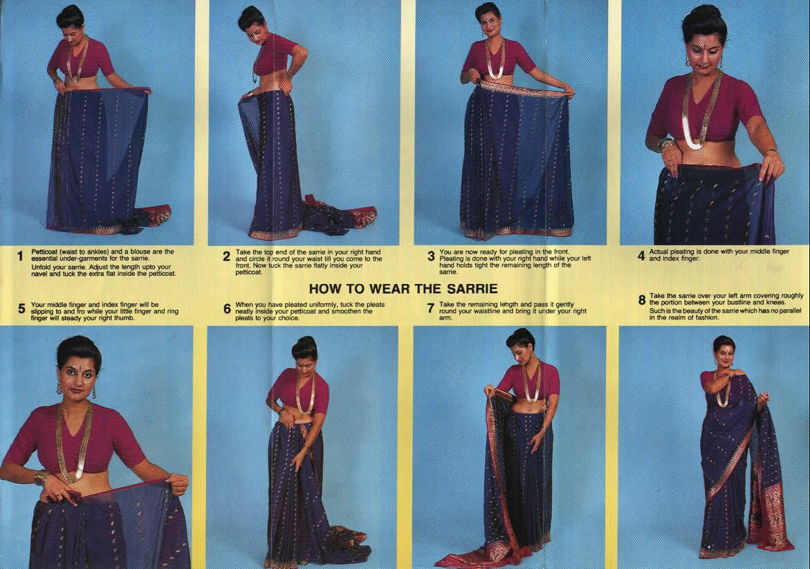 Eight photographs showing a woman draping a sari, from tucking the first end into the petticoat to placing the end piece over the left shoulder